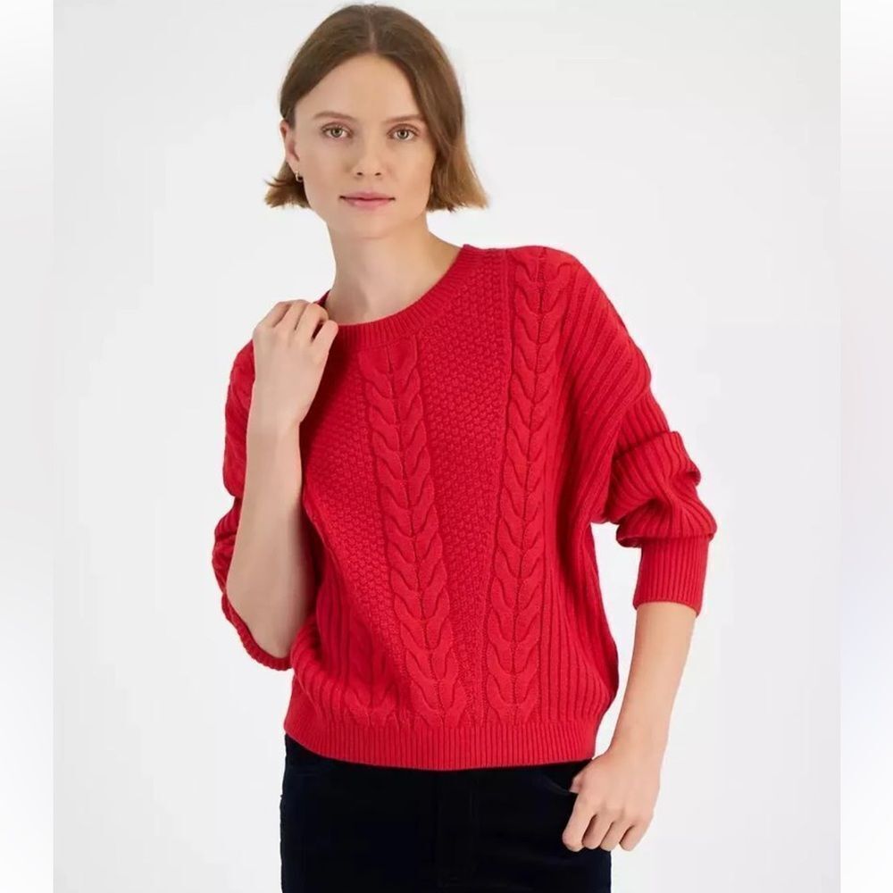 TH XL Scarlet Red Crew Cable Ribbed Knit Boxy Fit Preppy Sweater